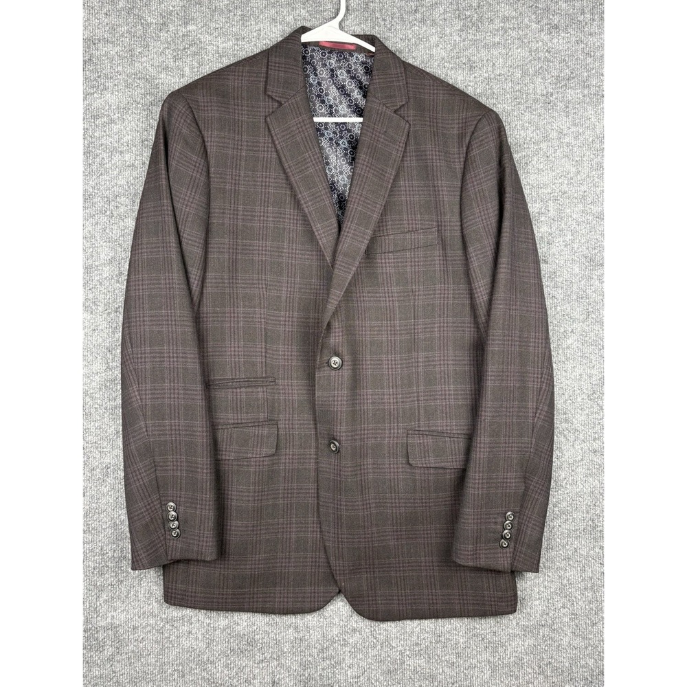 Johnston & Murphy Blazer Men L Brown Burgundy Plaid 100% Wool Sport Coat 49-1369